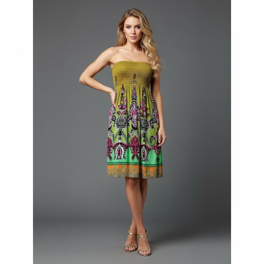 Summer Olive Green Printed Boho Dress